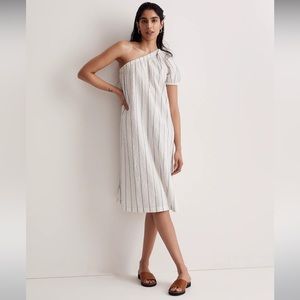 Madewell Seersucker One-Shoulder Puff Sleeve Midi Dress in Stripe NWT